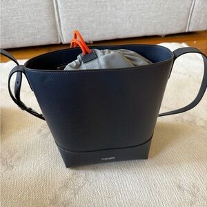 Black Leather Shoulder Bag with Drawstring Pouch